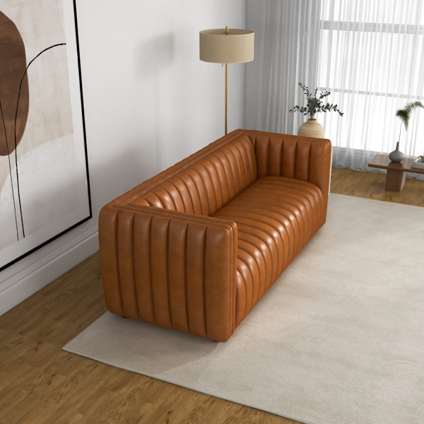 Wade Logan® Arkadius 86.2'' Genuine Leather Channel Tufted Couch Wayfair